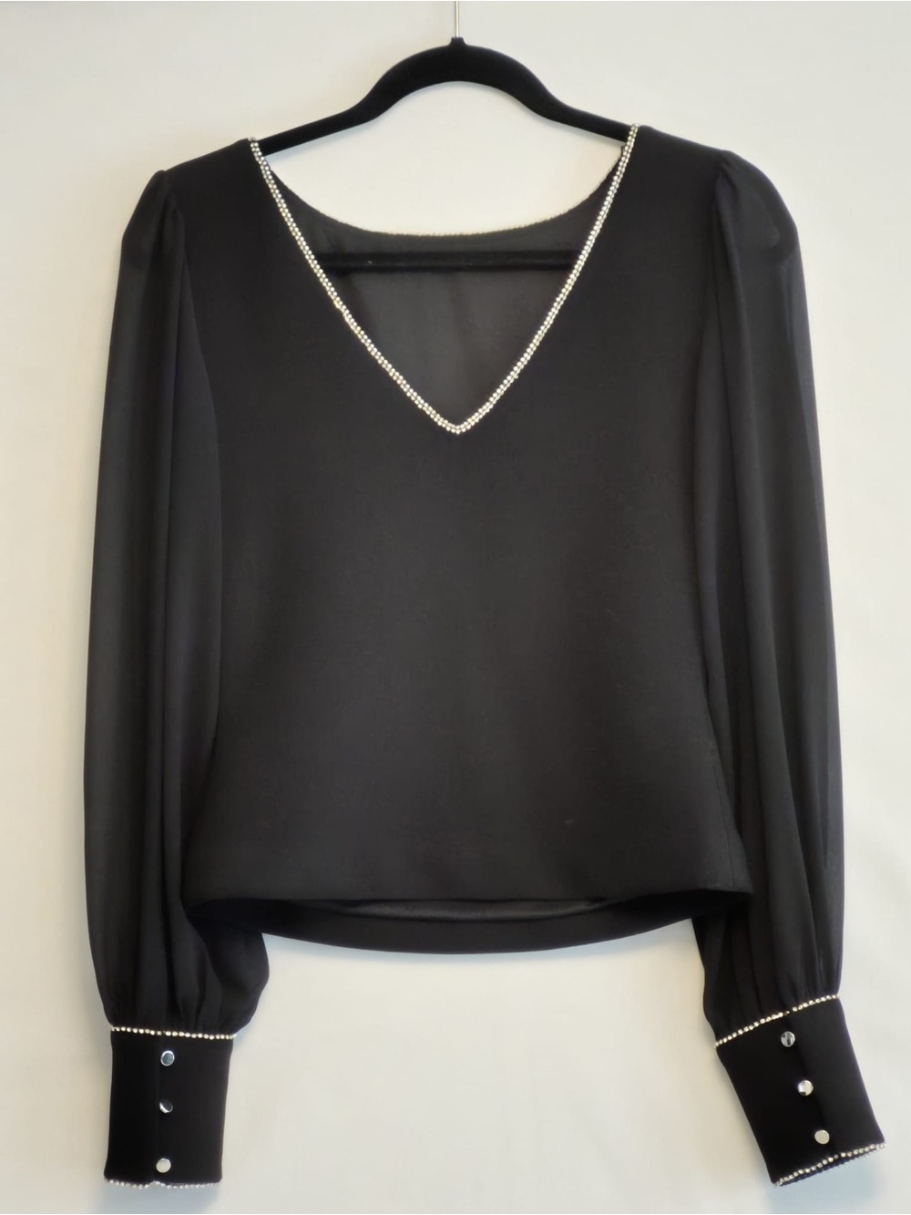 Black Rhinestone-Trim V-Neck Blouse - Women Tops